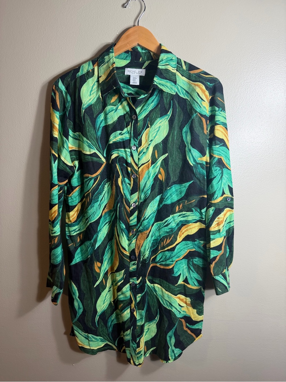 Rachel Zoe Tropical Leaf Print Linen Blend Beach Cover Up Tunic Medium